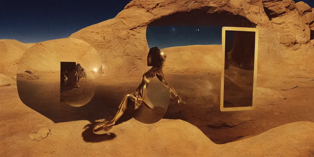 Prompt: levitating bene gesserit with full - face golden mask in a dry rocky desert landscape, visible sky and sunny atmosphere, fata morgana and giant mirrors by alejandro jodorowsky, anamorphic lens, kodakchrome, practical effects, masterpiece, 8 k