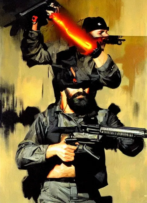 Prompt: keemstar pointing a gun, shooting, muzzle flash, enraged, painting by phil hale, 'action lines'!!!, graphic style, visible brushstrokes, motion blur, blurry