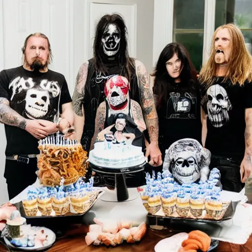 Prompt: baby shower celebration at a nice middle class home with Slipknot in attendance