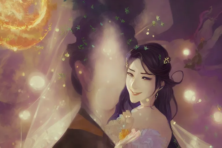 Image similar to a cinematic portrait of wedding photograph jpeg close up moment of a divine a japan sun god and moon goddess lovers magician at a wedding banquet. portraiture. digital painting. artstation. concept art. wedding photo. digital painting. violet evergarden art masterpiece by art by krenz cushart