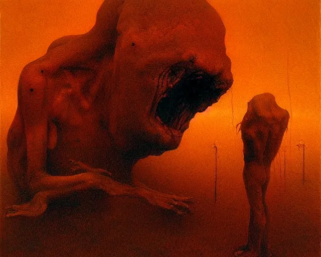 Image similar to by francis bacon, beksinski, mystical redscale photography evocative. horrid, abominable, disgusting, vile, revolting, fanged creature