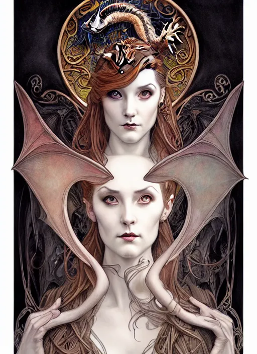 Image similar to an art nouveau, dragon portrait in the style of charlie bowater, and in the style of donato giancola, and in the style of charles dulac. very large, clear, expressive, intelligent eyes. symmetrical, centered, ultrasharp focus, dramatic lighting, photorealistic digital painting, intricate ultra detailed background.