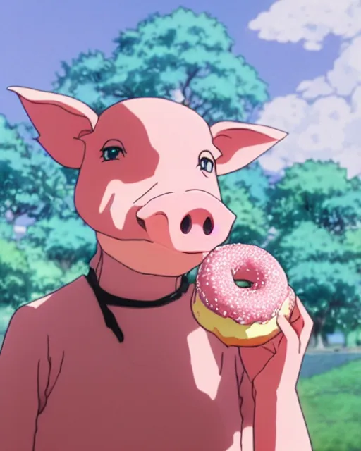 Image similar to a pig eating a pink frosted donut, full shot, visible face, ambient lighting, detailed, very modern anime style, art by hayao miyazaki, makoto shinkai