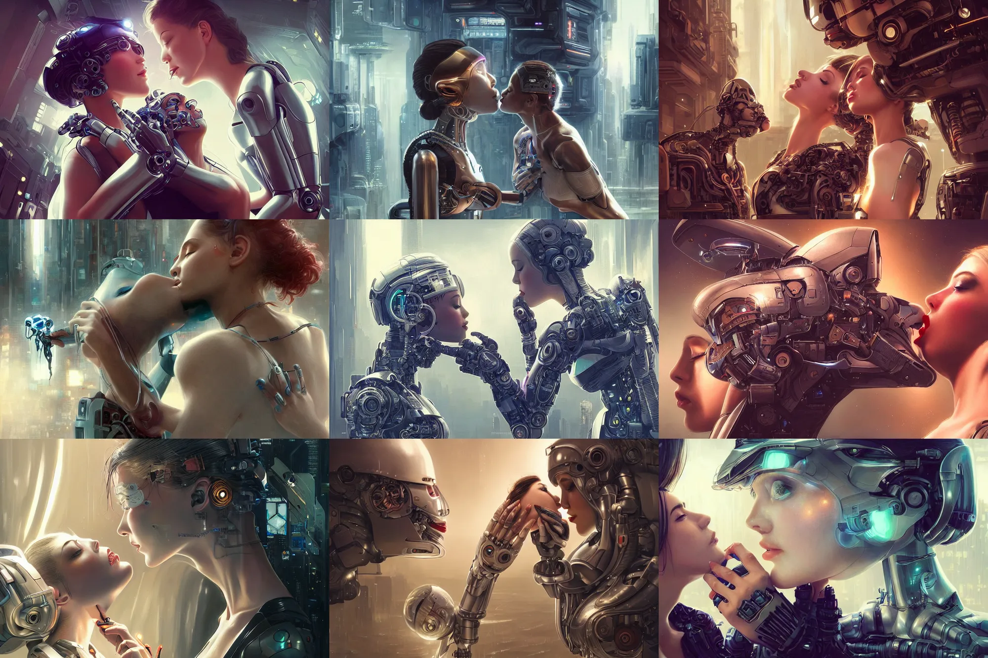 Prompt: Ultra realistic illustration,a woman kisses the robot's back and another woman kisses the robot's lips, cyberpunk, sci-fi, fantasy, intricate, elegant, highly detailed, digital painting, artstation, concept art, smooth, sharp focus, illustration, art by artgerm and greg rutkowski and alphonse mucha