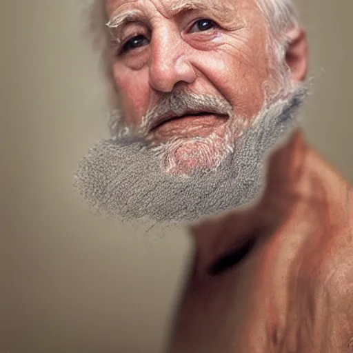 Prompt: portrait of a baby that looks like an old man, old skin, gray hair, gray beard, 8k, photo by annie leibovitz