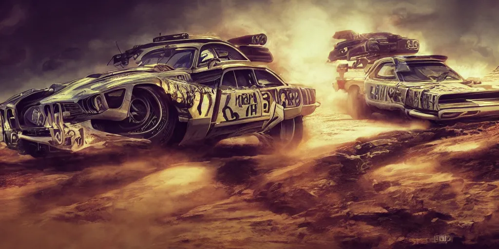 Prompt: hyperdetailed vaporwave style motor race in Madmax style, trending on artstation