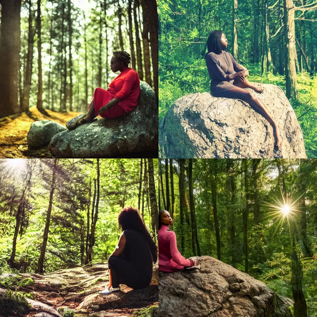 Prompt: a woman sitting on a rock in the woods, a stock photo by chinwe chukwuogo - roy, pexels contest winner, ecological art, anamorphic lens flare, shot on 7 0 mm, movie still