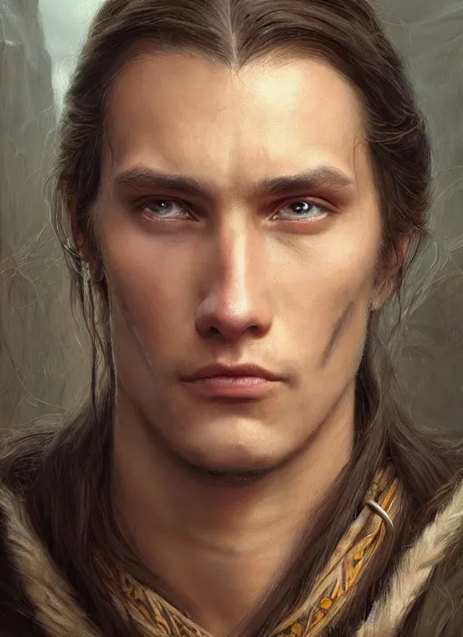 Image similar to a young shaman in his twenties with long light brown hair tied back, a large forehead, a widows peak and a round face with high cheekbones as a realistic d & d fantasy character, portrait art by donato giancola and greg rutkowski, vintage retro, realistic face, digital art, trending on artstation