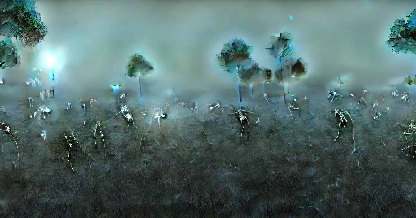 Image similar to realistic photo of wide battleground landscape, with army of transparent translucent insects fighting hardly futuristic human army, night, heavy rain, reflections, raytracing, raymarching, scattering, subsurface, full of reflections, volumetric fog light, dark and dramatic composition, deep depth, defocus, rendered in vray, raytracing, raymarching