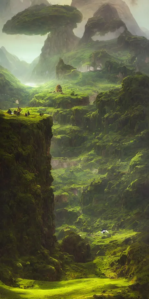 Image similar to sky is land lush green landscape villages castles buildings inverted upsidedown mountain range from the sky fantasy surreal good composition artstation illustration sharp focus sunlit vista painted by ruan jia raymond swanland lawrence alma tadema zdzislaw beksinski norman rockwell tom lovell alex malveda greg staples