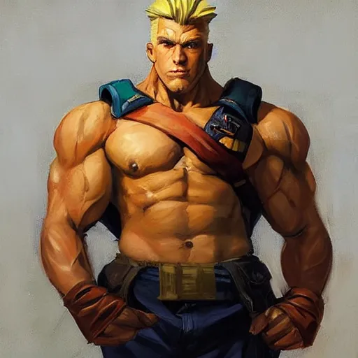 Image similar to greg manchess portrait painting of guile from street fighter as overwatch character, medium shot, asymmetrical, profile picture, organic painting, sunny day, matte painting, bold shapes, hard edges, street art, trending on artstation, by huang guangjian and gil elvgren and ross tran