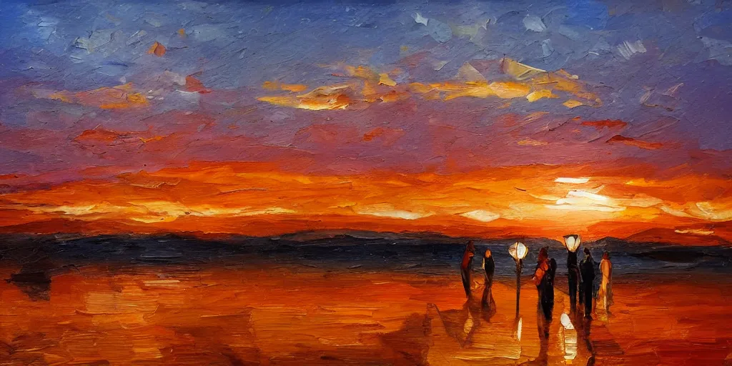 Prompt: an expressive oil painting of a gorgeous dim blue sunset with bright orange light from a spotlight on people