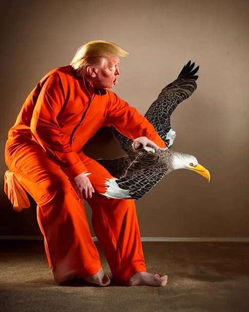 Image similar to Medium Shot Donald Trumps wearing orange pajamas in jail and an american eagle is attacking and biting his head, octane, dramatic lighting, editorial photo, 35mm, very detailed