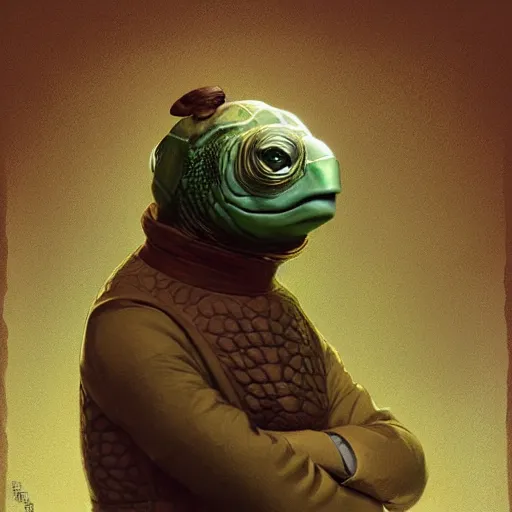 Prompt: an anthropomorphic turtle wearing a turtleneck, digital art, by greg rutkowski, craig mullins, alphonse mucha