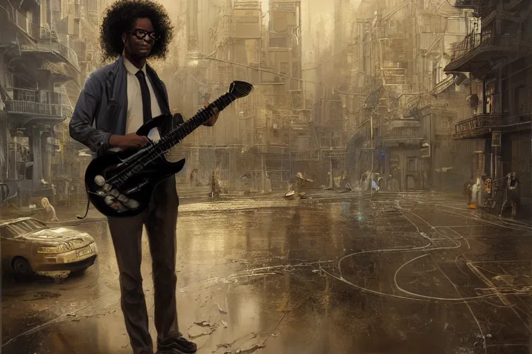 Prompt: A solarpunk very highly detailed black man at 20s years old with long curly hair, no beard, wearing glasses, holding a silver electric guitar, with very highly detailed face on the street of a very highly detailed smooth solarpunk city digital concept art by Greg Rutkowski, neofuturistic highly detailed, digital concept art, Dimensional cyan gold natural light, sharp focus, Golden Ratio illustration, realistic concept art by Stephen Hickman and James Gurney and Hiromasa Ogura Ghost in the Shell rendered in Octane Render, From the distance