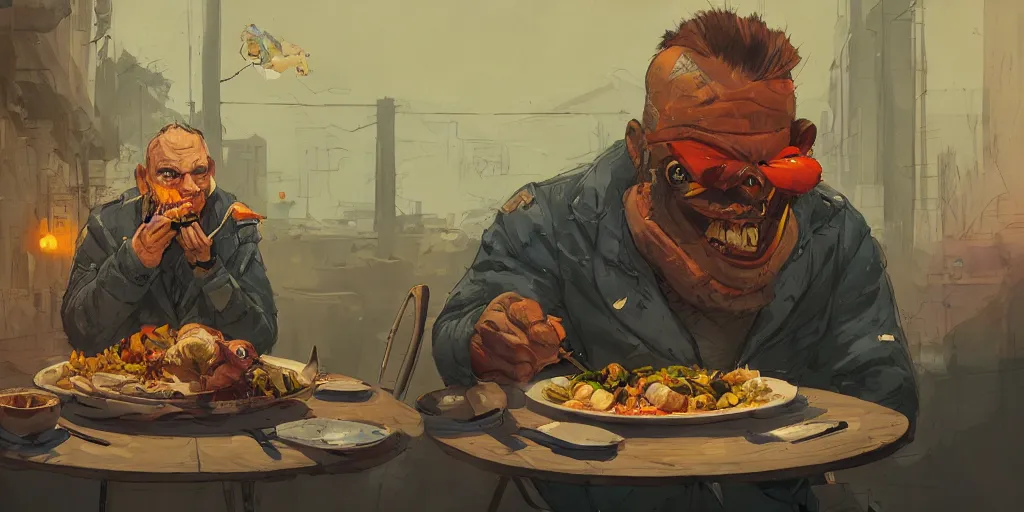 Image similar to cartoonish van morrison eating dinner, vivid colors, character sheet, fine details, concept design, contrast, kim jung gi, greg rutkowski, enki bilal, trending on artstation, 8 k, full body, turnaround, front view, back view, ultra wide angle