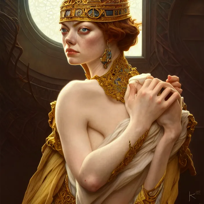 Prompt: ancient queen emma stone, symetrical, diffuse lighting, fantasy, intricate, elegant, highly detailed, lifelike, photorealistic, digital painting, artstation, illustration, concept art, 4 k, smooth, sharp focus, art by john collier and albert aublet and krenz cushart and artem demura and alphonse mucha