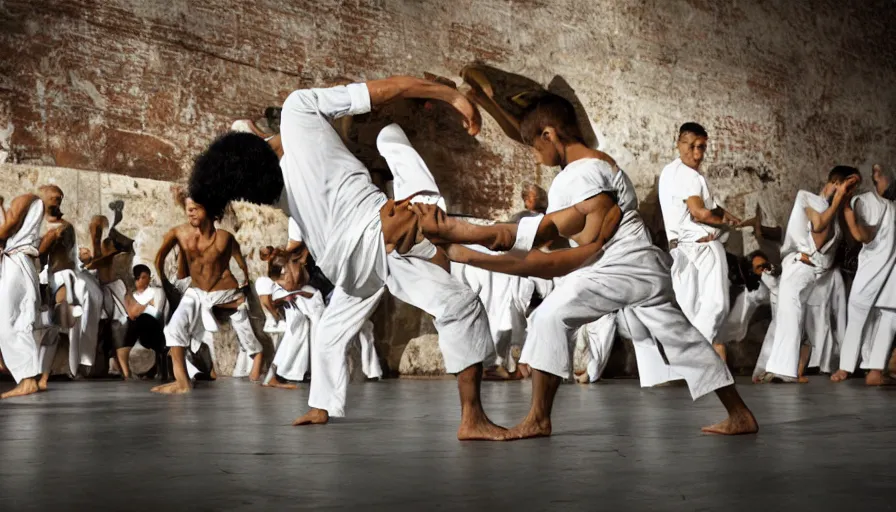 Prompt: capoeira roda in theatre museum dali, national geographic photography,