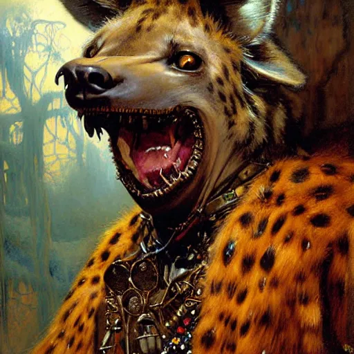 Image similar to portrait of a hyena gnoll shaman wizard. shadowrun furaffiniy cyberpunk fantasy highly detailed painting by gaston bussiere craig mullins jc leyendecker gustav klimt artgerm greg rutkowski john berkey, bergey, craig mullins, ruan jia, raymond swanland, jeremy mann, tom lovell, alex malveda