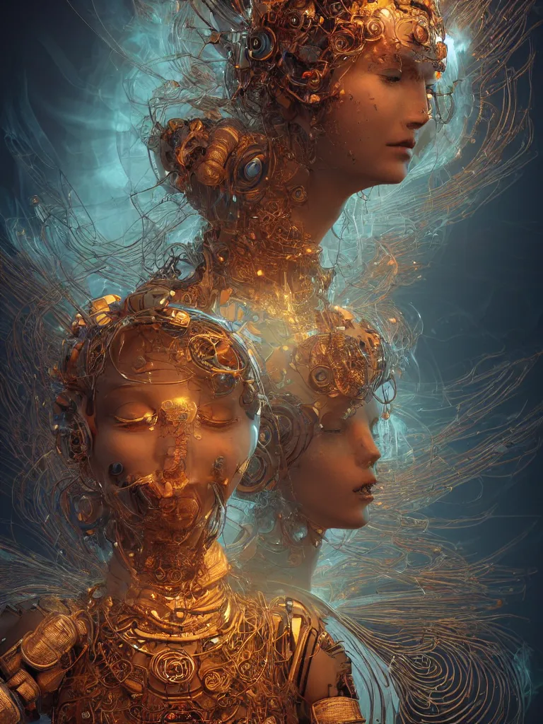 Image similar to an ancient mystical alluring female shaman generating flowing energy and surrounded by wisps of incense smoke sits meditating in a magical cybernetic robot temple, face face face, by android jones and vitaly bulgarov and karol bak, 3 d, cinema 4 d render, trending on artstation