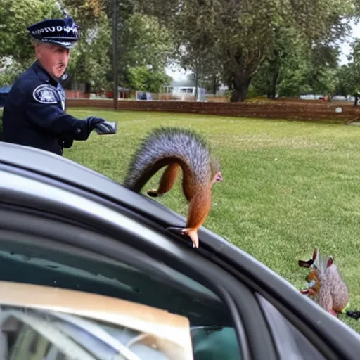 Image similar to a dog-cop ticketing a squirrel with a fine for speeding