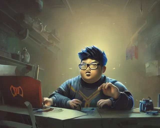 Image similar to an insanely detailed painting of a slightly chubby, nerdy asian man wearing a superhero costume, sitting at a desk, staring at the nervously at the computer and typing, in the style of peter mohrbacher, dramatic lighting and composition, octane render, pixar, trending on artstation, concept art, comic book, view from behind