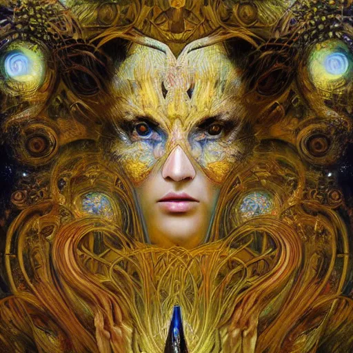 Image similar to Divine Chaos Engine by Karol Bak, Jean Deville, Gustav Klimt, and Vincent Van Gogh, beautiful visionary mystical portrait, otherworldly, fractal structures, ornate gilded medieval icon, third eye, spirals