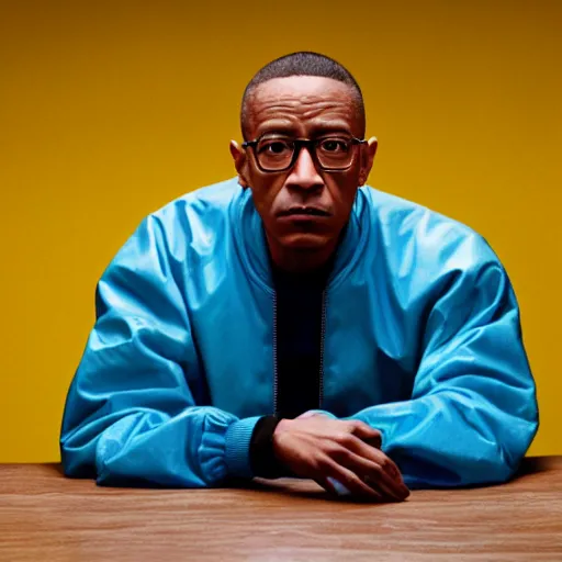 Image similar to gus fring in a blue varsity jacket with yellow sleeves, still from breaking bad