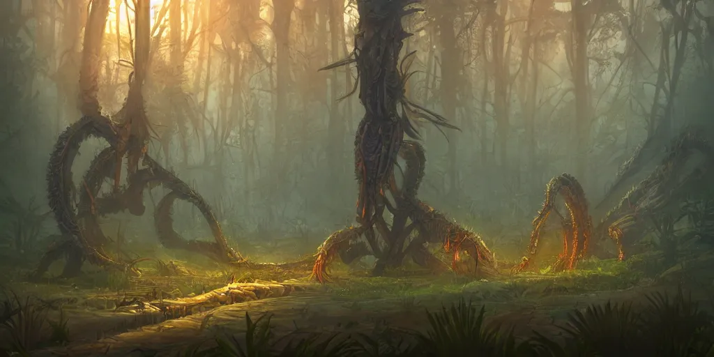Prompt: centipede monster in futuristic spiritual mystical post apocalyptic forest by ron gilbert, dim painterly volumetric aquatic lighting, beautiful, crisp, artstation, highly detailed