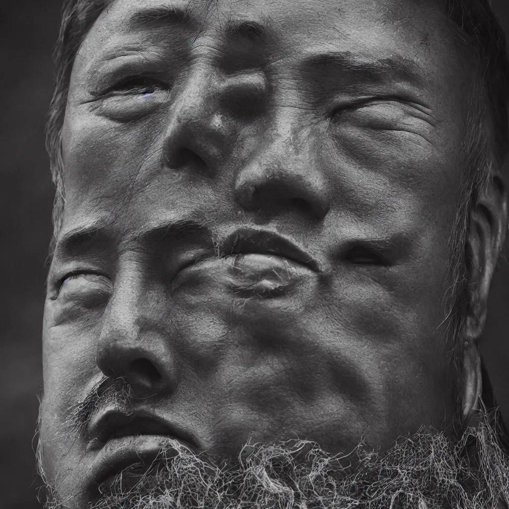 Image similar to ancient mongolian elon musk, close up, cinematic, moody