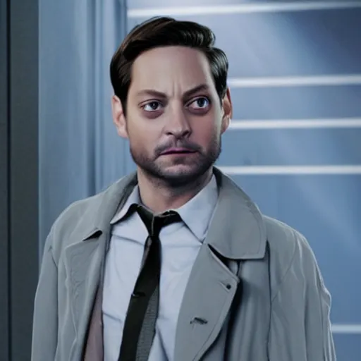 Prompt: tobey maguire as a rough dirty old man with a scruffy beard in a dark blue trenchcoat as the new doctor who, cinematic, volumetric lighting, f 8 aperture, cinematic eastman 5 3 8 4 film, photorealistic