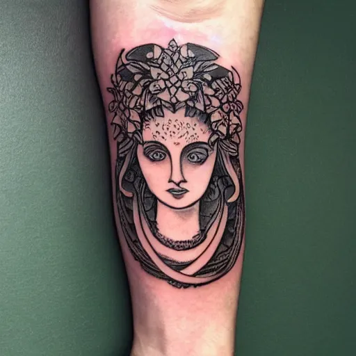 Prompt: detailed, tattoo design, portrait of medusa, surrounded by lotus flowers and geometry
