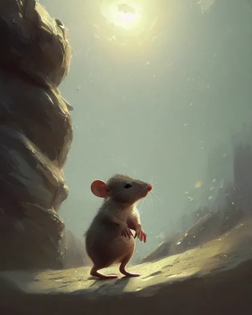 Image similar to a small mouse looks upwards, he is curious about what he sees, digital portrait by greg rutkowski, fantasy art, concept art, by disney concept artists, cinematic lighting, evening light, trending on artstation, cgsociety