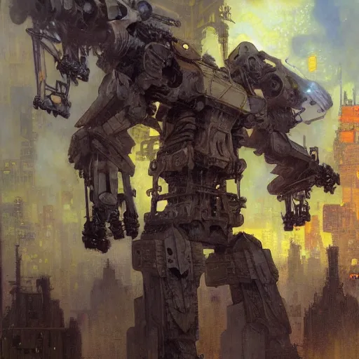 Image similar to six meters tall mech fighting in an urban environment, epic action scene, by gaston bussiere craig mullins jc leyendecker gustav klimt artgerm greg rutkowski john berkey, bergey, craig mullins, ruan jia, raymond swanland, jeremy mann, tom lovell, alex malveda, ray casting, hdr