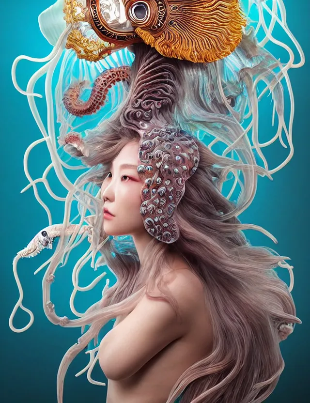 Image similar to 3 d goddess jellyfish half - turn portrait with long hair with ram skull. beautiful intricately detailed japanese crow kitsune mask and clasical japanese kimono. betta fish, jellyfish phoenix, bio luminescent, plasma, ice, water, wind, creature, artwork by tooth wu and wlop and beeple and greg rutkowski