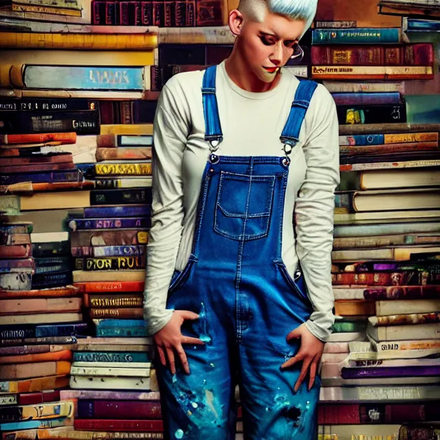 Image similar to full body pose, beautiful adult book fairy, pixar, short white hair shaved sides, dirty, grungy, grunge, long sleeve, painted overalls, stacks of giant books, highly detailed, 4 k, hdr, smooth, sharp focus, high resolution, award - winning photo, artgerm, photorealistic