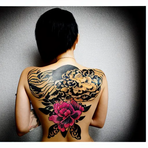 Image similar to photography of the back of a woman with a black detailed irezumi tatto representing a gold tiger with pink flowers on her entire back, dark hangar background, mid-shot, editorial photography