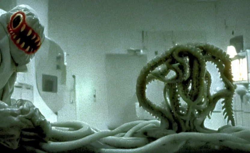 Prompt: scary filmic wide shot angle movie still 35mm film color photograph of a shape shifting horrific nightmarish abstract alien organism from The Thing 1982 spewing toxic spined tentacles made out of flesh strangling a doctor wearing a lab coat and surgical mask in the style of a horror film