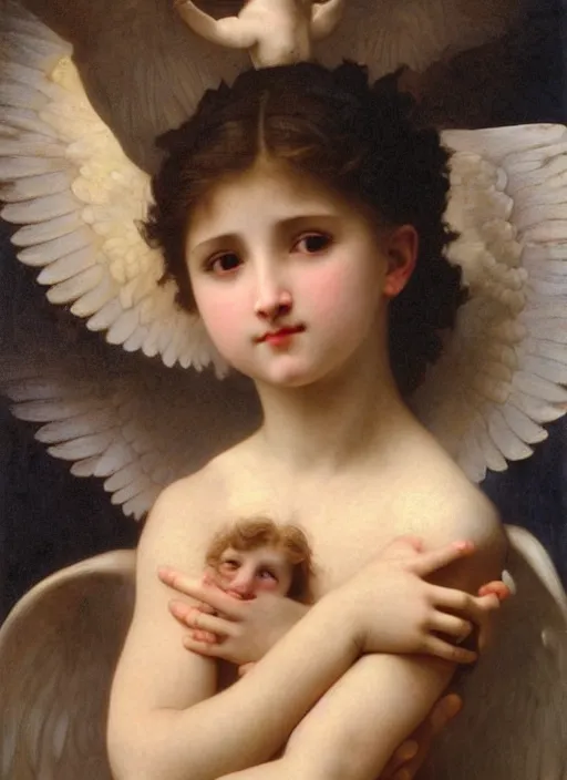 Image similar to a young girl holding the head of a monster, flying in the sky surrounded by angels, extremely realistic and highly detailed painting by william - adolphe bouguereau and caravaggio, soft light, gold ratio