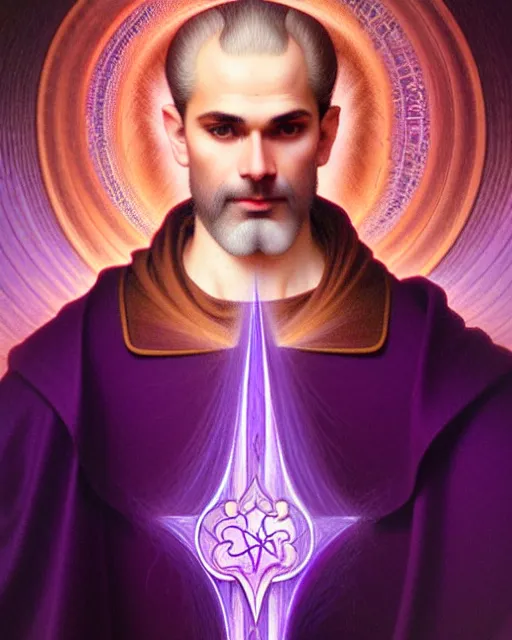 Image similar to portrait of saint germain, he is holding the violet purple indigo flame, completely violet colored, intricate, elegant, highly detailed, digital painting, artstation, concept art, smooth, sharp focus, illustration, art by artgerm and greg rutkowski and fra angelico and alphons mucha