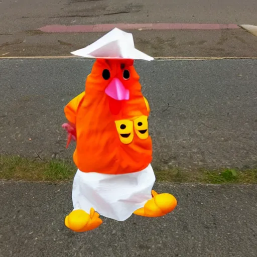 Image similar to chicken dressed as an inmate