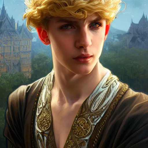 Image similar to an epic fantasy comic book style portrait painting of a young blonde boy thief, d & d, fantasy, intricate, elegant, highly detailed, digital painting, artstation, concept art, matte, sharp focus, illustration, art by artgerm and greg rutkowski and alphonse mucha