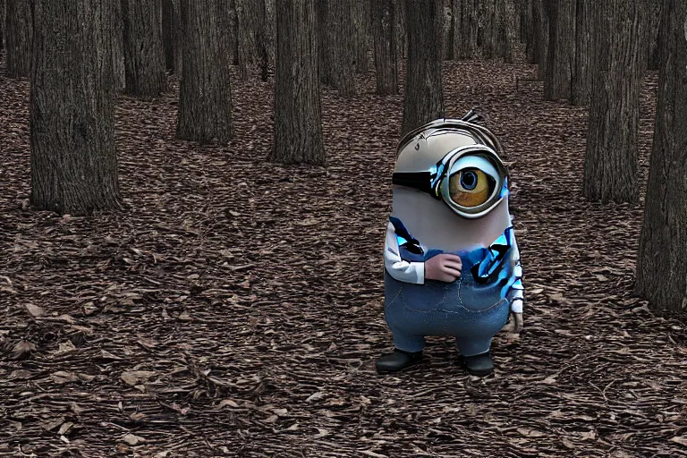 Image similar to a vhs still of a minion in blair - witch project ( 1 9 9 9 ), real life, chromatic abberation, desaturated, camcorder, detailed, move still, ultra realistic face, accurate, 8 k, hd