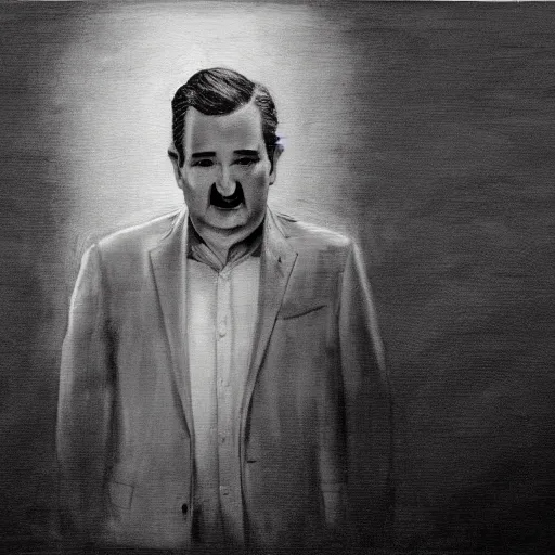 Prompt: Ted Cruz stands alone, the last man on earth, black and white, creepy lighting, scary, horror, ornate, eerie, fear, oil painting