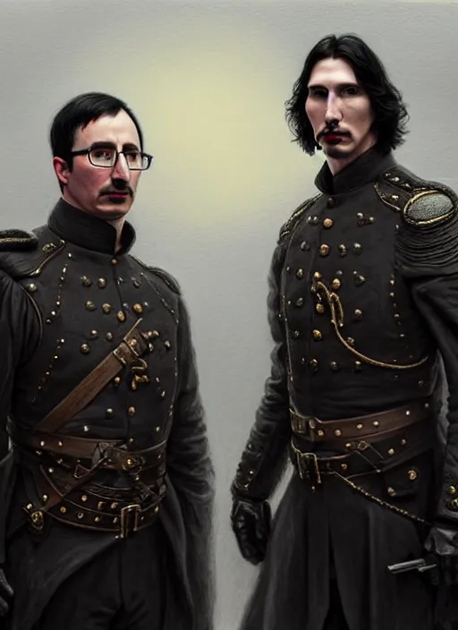 Image similar to a portrait of john oliver standing next to adam driver as in the vigo carpathian painting, stoic, military uniform, fantasy, intricate, beautiful, highly detailed, charcoal, centered, dark, smokey, digital painting, concept art, smooth, sharp focus, illustration, art by artgerm and greg rutkowski