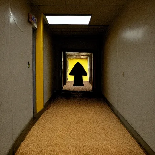 Image similar to Creepy creature in the backrooms, old moist carpet, mono-yellow, fluorescent lights, randomly segmented rooms, eerie