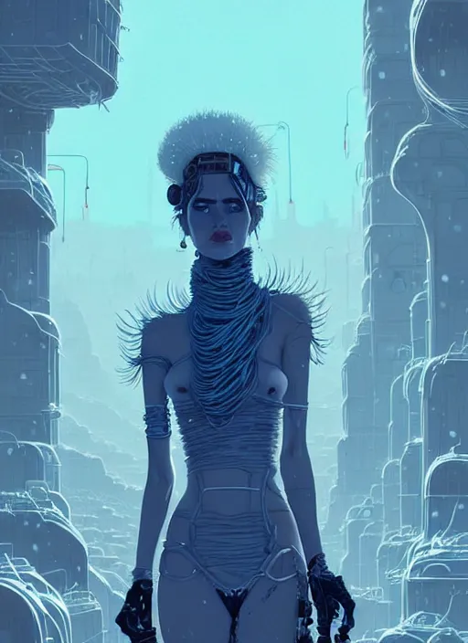 Image similar to highly detailed portrait of wasteland punk long curly white icey shard hair tribal lady, stray wiring by atey ghailan, james gilleard, by joe fenton, by greg rutkowski, by greg tocchini, by kaethe butcher, 4 k resolution, gradient blue, cyan, black and white color scheme!!! ( ( snowy glaciated robotic dystopian city background ) )