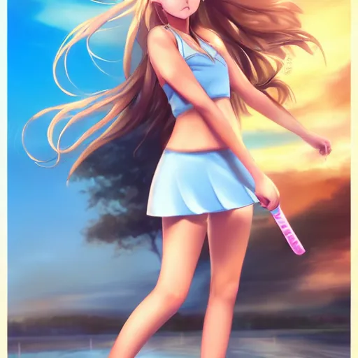 Image similar to a very beautiful proud young anime tennis girl, confident, full body, long wavy blond hair, sky blue eyes, full round face, bikini, miniskirt, front view, mid - shot, highly detailed, cinematic wallpaper by stanley artgerm lau
