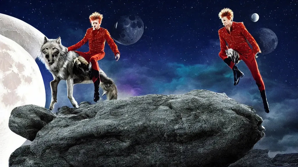 Prompt: Beautiful epic cinematography of David Bowie aka Ziggie Stardust, riding a giant singular silver wolf, while the wolf is on a giant boulder, with a massive moon in the background at night; high resolution digital art