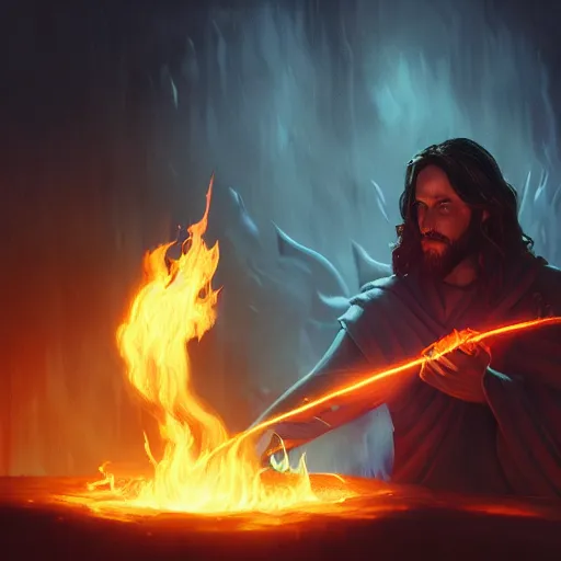 Image similar to A fantasy comic book style portrait painting ofJesus spell casting flames in a atmospheric dark fortress, unreal 5, magician, DAZ, hyperrealistic, octane render, RPG portrait, ambient light, dynamic lighting